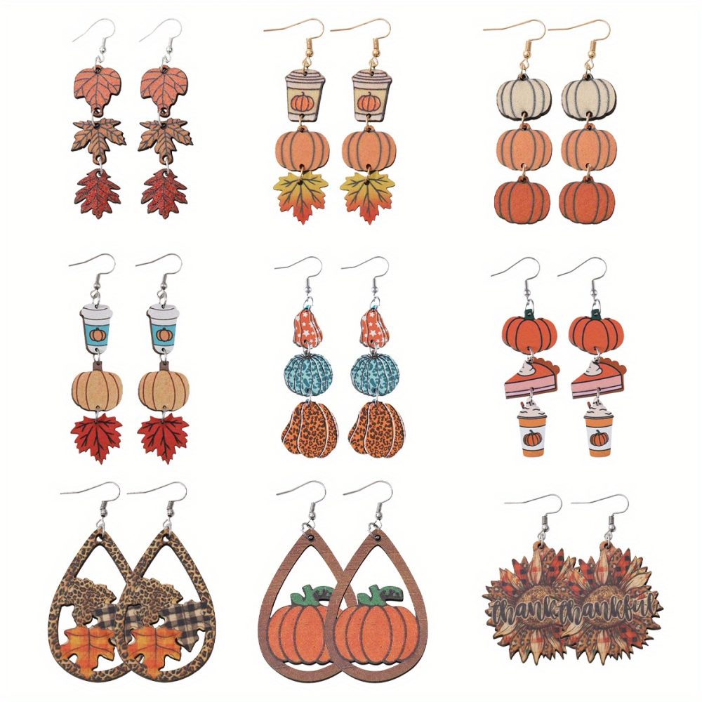 9 Pairs, Vintage Thanksgiving Earrings Set for Women - Pumpkin Coffee Leopard Maple Sunflower Thankful Wooden Double-sided Dangle Earrings - Autumn-Inspired Accessory for Rustic Fall Harvest Celebration, Thanksgiving Party & Daily Wear, Ideal Gift - Image 2