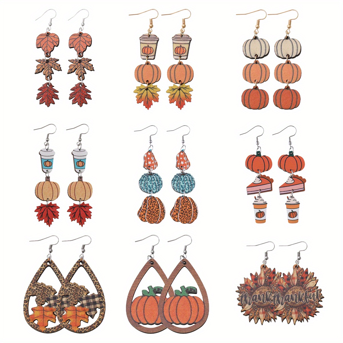 9 Pairs, Vintage Thanksgiving Earrings Set for Women - Pumpkin Coffee Leopard Maple Sunflower Thankful Wooden Double-sided Dangle Earrings - Autumn-Inspired Accessory for Rustic Fall Harvest Celebration, Thanksgiving Party & Daily Wear, Ideal Gift - Image 2