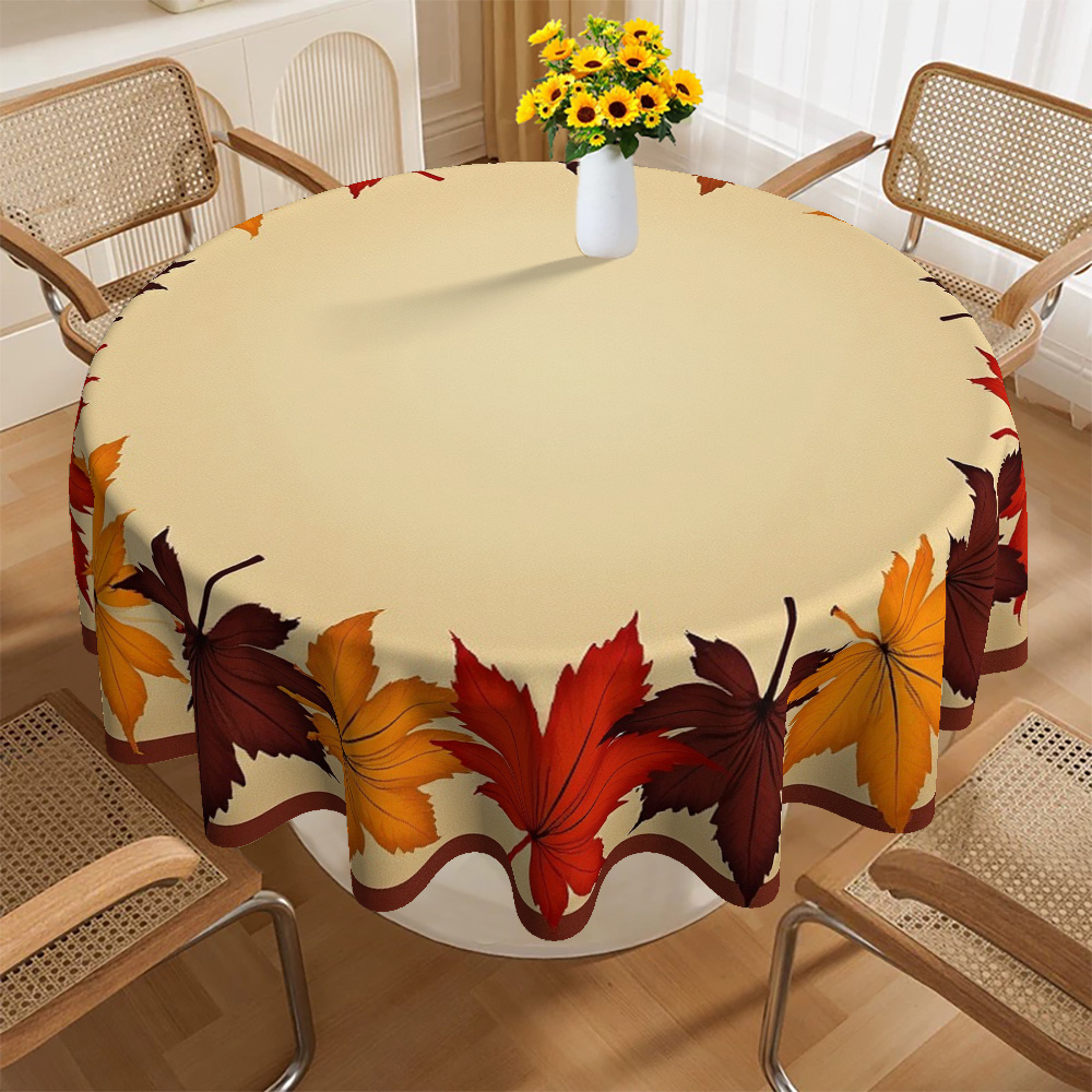 Elegant Autumn Leaf Print Round Tablecloth - Warm Brown, Orange, Red, Beige & Fall Colors, Durable Fabric for Thanksgiving, Christmas, Dining Room, Kitchen, Coffee Table Decor - Wrinkle-Resistant & Easy-Clean Seasonal Table Setting with Charming Leaf Design in Warm Hues, Ideal for Family Gatherings & Festive Home Decor, Machine-Made Round Tablecloth for All Use, Christmas Decor - Image 4
