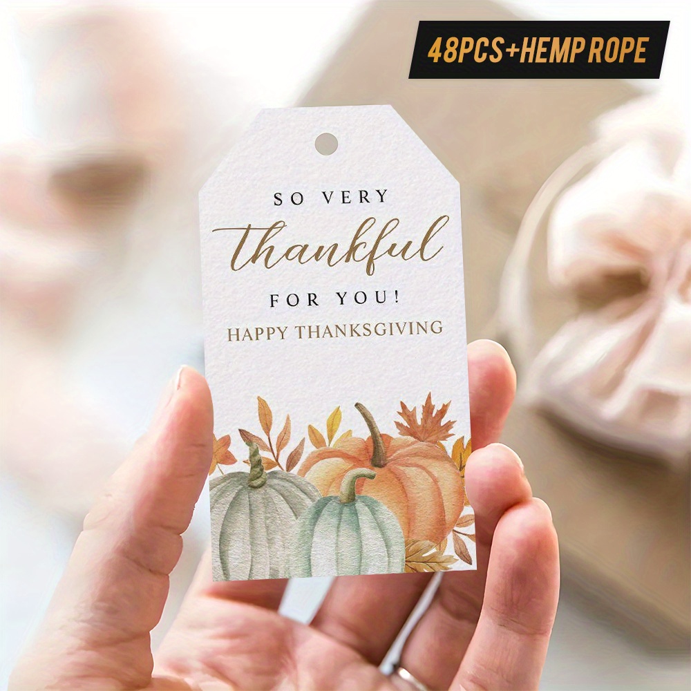 48pcs "Happy Thanksgiving" Gift Tags with Hemp Rope, Displaying Pumpkins and Autumn Leaves, Watercolor Design, Perfect for Thanksgiving Presents, Fall Gatherings, Table Decor, etc., Expressing Gratefulness - Image 6