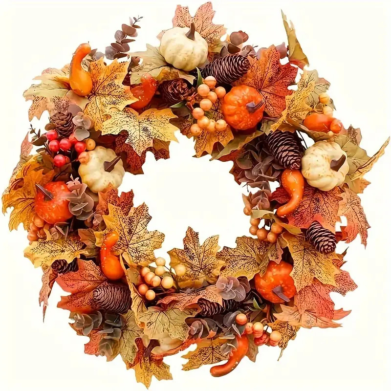 20inch Autumn Harvest Wreath- Thanksgiving and Halloween Decoration with Pumpkins, Berries, Maple Leaves and Pine Cones- Artificial Farmhouse Front Door Decoration for Indoor/Outdoor Use, Thanksgiving Decor, Rustic Farmhouse Style, Festive Fall Wreath, Weatherresistant Wreath, Lightweight Decoration, Pumpkin Wreath, Fall Wreath, Autumn Enthusiasts - Image 5