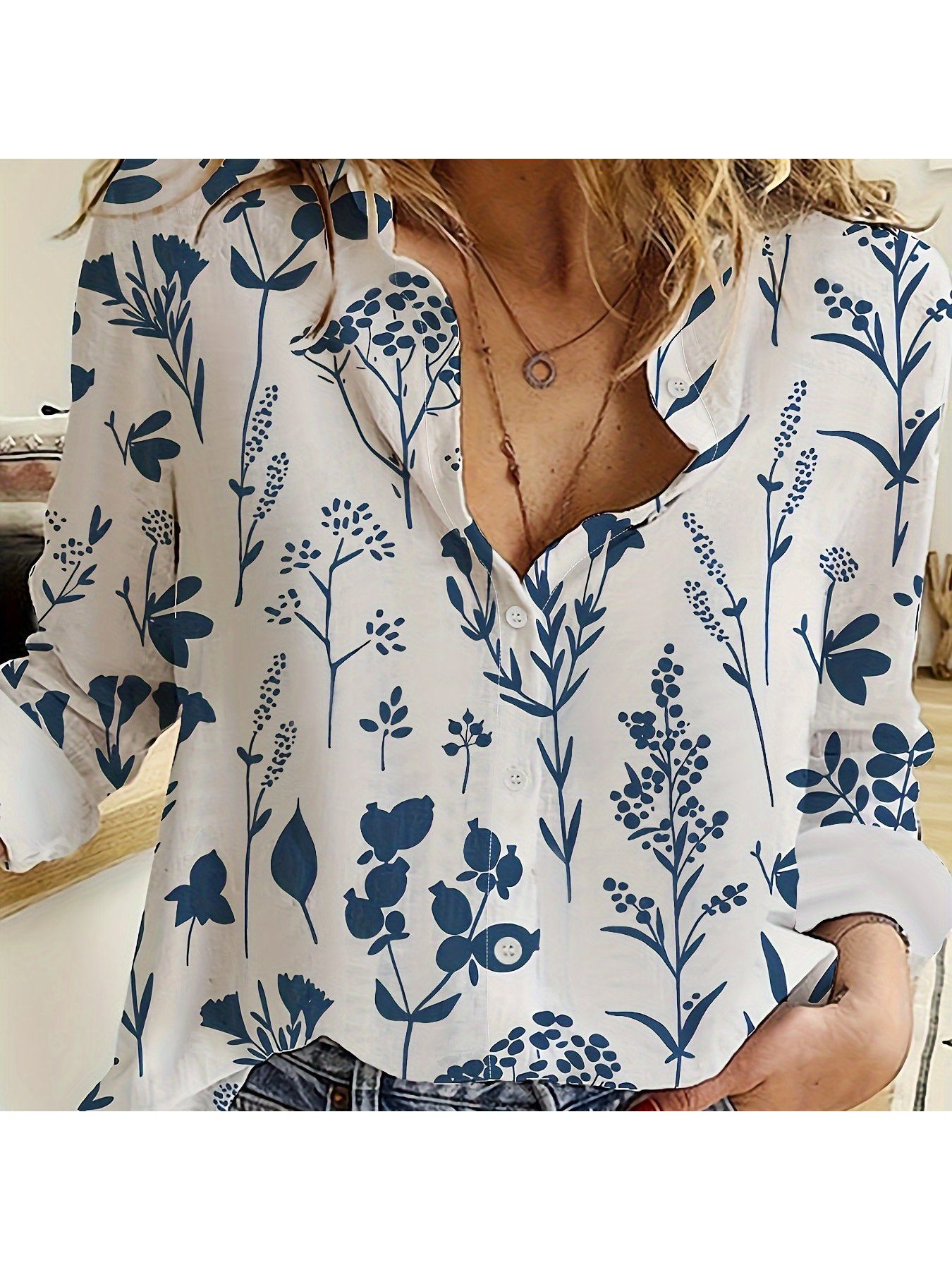 Women'S Floral Print Button-Front Shirt with Blue Floral Print on White - Casual Long Sleeve Turn- Collar, All-Season Versatile Blouse for Everyday & Semi-Formal Wear, Easy-Care Button Front Design, Comfortable & Stylish Women'S Clothing, Blue Floral Long Sleeve Shirt, Blue Floral Blouse For Women, Blue Blouse, Blouse For Women Dressy/casual, Business Casual Outfit/top For Women, Women Top And Blouse, Beautiful Blouse For Women, Elegant Blouse For Women, Shirt For Women, Top For - Image 2