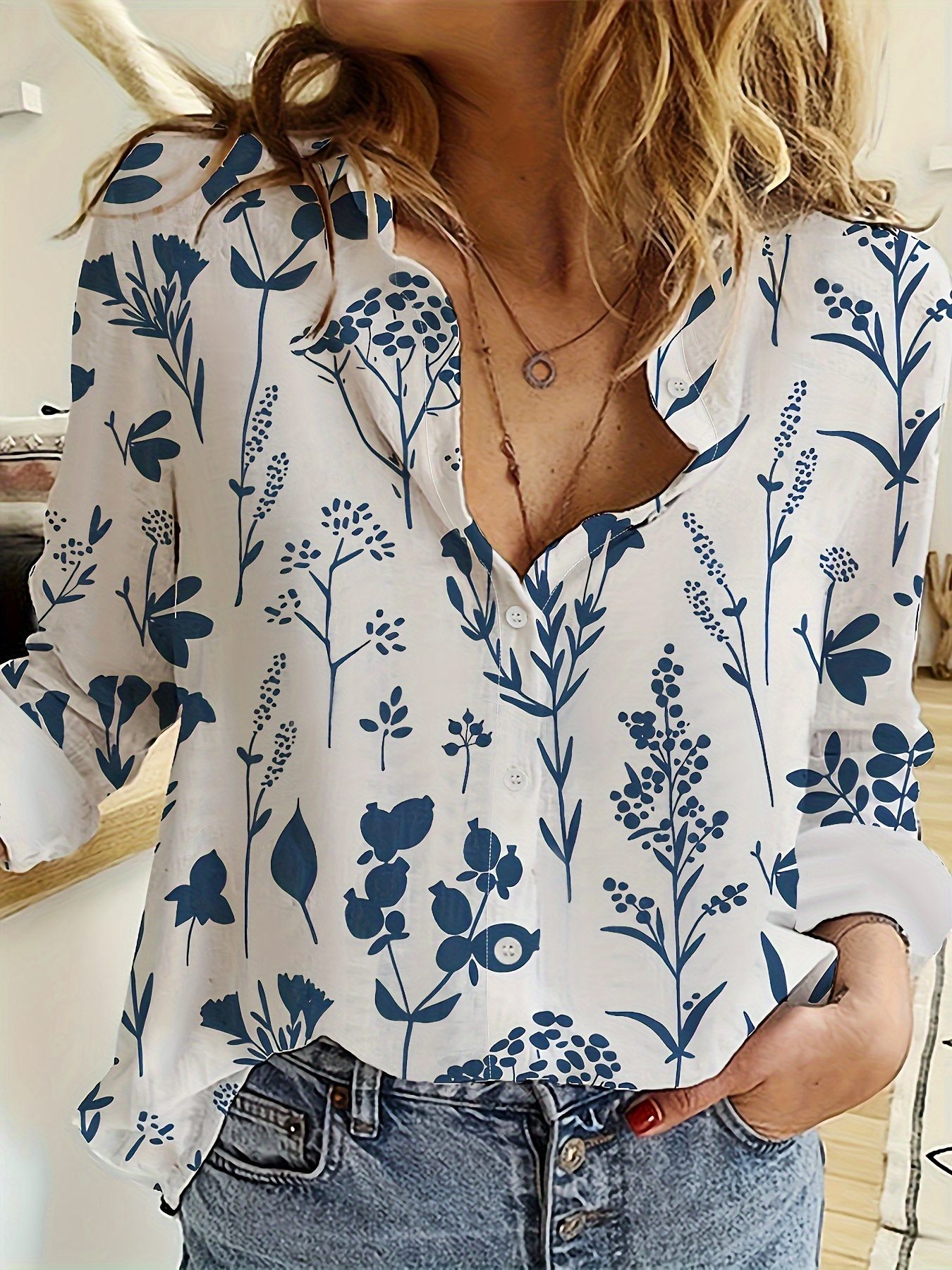 Women'S Floral Print Button-Front Shirt with Blue Floral Print on White - Casual Long Sleeve Turn- Collar, All-Season Versatile Blouse for Everyday & Semi-Formal Wear, Easy-Care Button Front Design, Comfortable & Stylish Women'S Clothing, Blue Floral Long Sleeve Shirt, Blue Floral Blouse For Women, Blue Blouse, Blouse For Women Dressy/casual, Business Casual Outfit/top For Women, Women Top And Blouse, Beautiful Blouse For Women, Elegant Blouse For Women, Shirt For Women, Top For