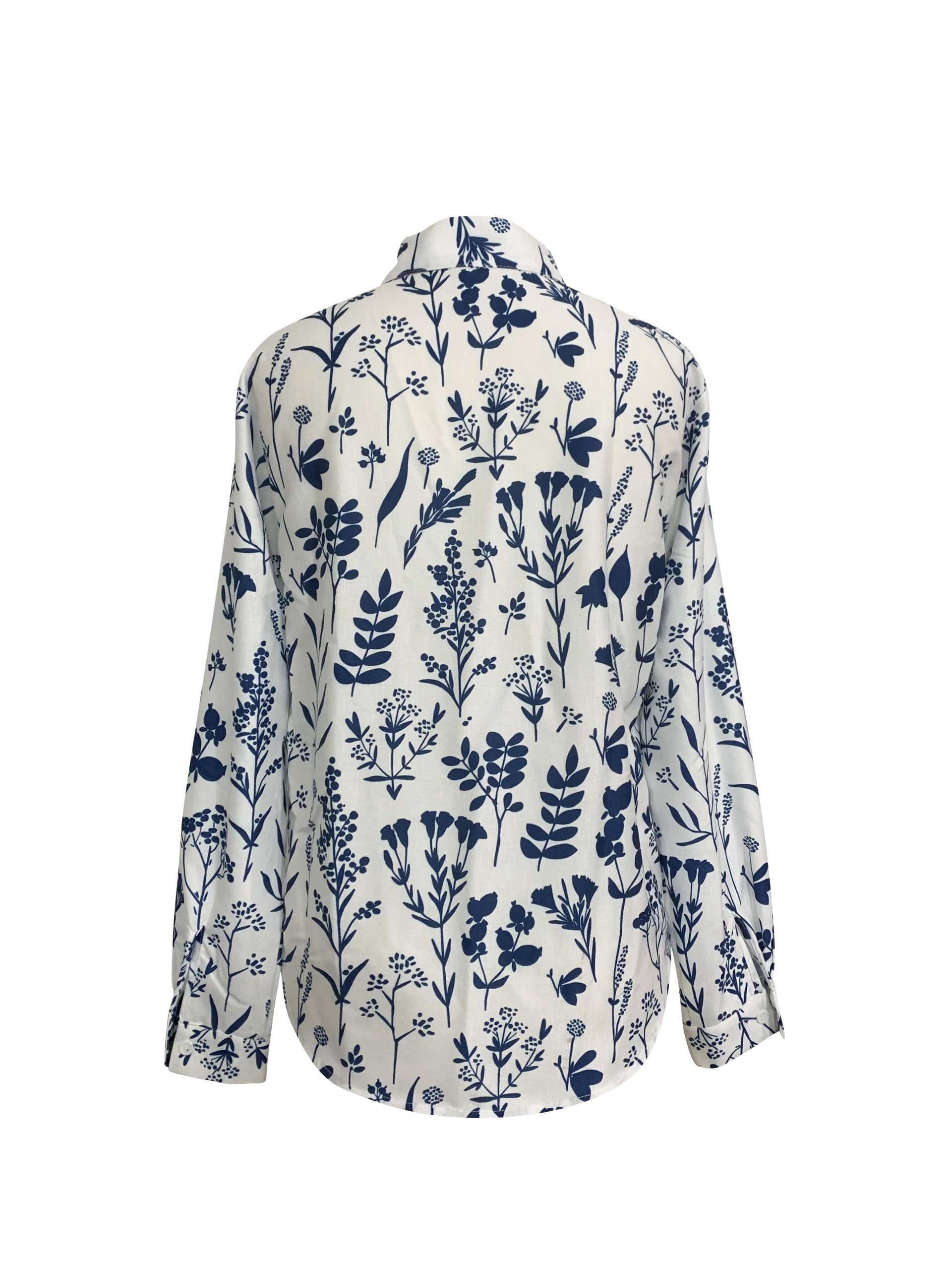 Women'S Floral Print Button-Front Shirt with Blue Floral Print on White - Casual Long Sleeve Turn- Collar, All-Season Versatile Blouse for Everyday & Semi-Formal Wear, Easy-Care Button Front Design, Comfortable & Stylish Women'S Clothing, Blue Floral Long Sleeve Shirt, Blue Floral Blouse For Women, Blue Blouse, Blouse For Women Dressy/casual, Business Casual Outfit/top For Women, Women Top And Blouse, Beautiful Blouse For Women, Elegant Blouse For Women, Shirt For Women, Top For - Image 3