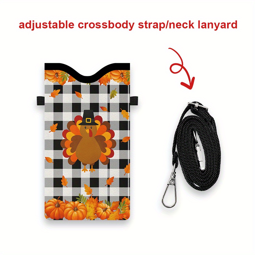 1pc Women's & Unisex Autumn Harvest Crossbody Bag - Turkey & Pumpkin Print Synthetic Leather Purse with Adjustable Strap, Black/White Checkered & Fall Foliage Design, Golden-Toned Leaf Pattern - Thanksgiving Gift, Casual Handbag (Polyester Lining, 2D - Image 4