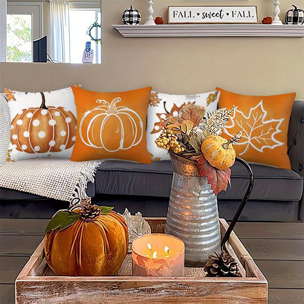 4pcs Polka Dot Orange & White Pumpkin Throw Pillow Covers Maple Leaves Fall Farmhouse Thanksgiving Day Decorative Cushion Case for Bedroom Sofa Couch