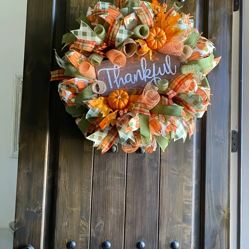 Thanksgiving Wreath with Orange Pumpkins, Green Leaves & "Thank You" Sign - Rustic Farmhouse Door Hanging Decoration, Durable Plastic Harvest Wreath with Checkered Bow & Pine Cones - No Wiring/Electricity-Free, Easy to Clean, Seasonal Fall Home/Office Decor, Autumn Gift Idea - Year-Round Use for Christmas, New Year's, Weddings - Lightweight & Sturdy Design, Autumn Wreath For Front Door, Autumn Door Wreath, Autumn Door Hang, Autumn Decor, Wreath For Front Door, Christmas Wreath For - Image 3