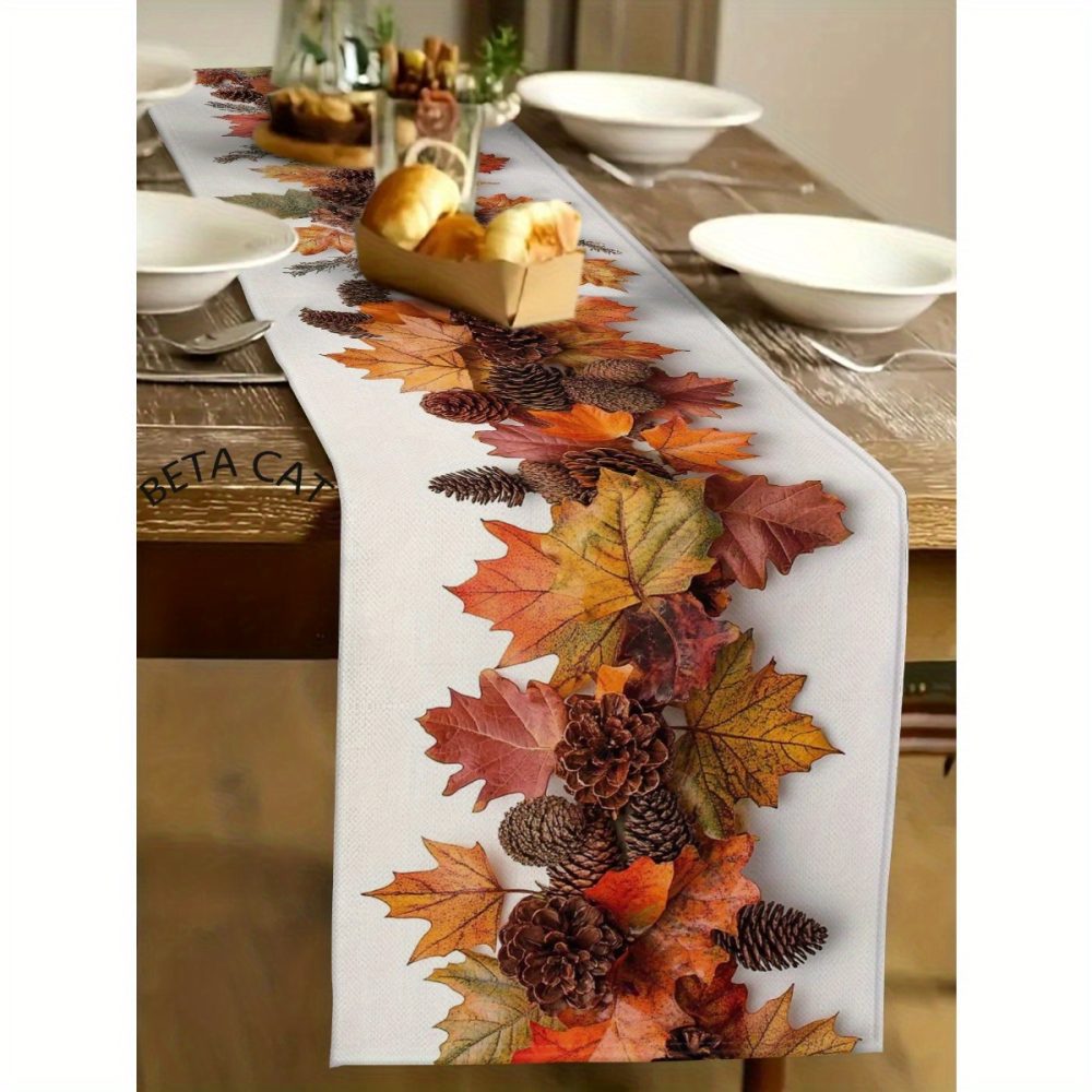 [3 Sizes Available] Autumn Table Flag - Red-Brown Maple Leaves And Pine Cone Print - Elegant Decoration for Thanksgiving, Halloween, And Harvest Parties - Durable Polyester for Indoor And Outdoor Use - Easy to Clean Kitchen Table Decor, Coffee Table Arrangement, Faux Leaf Details, Long-Lasting Material, a Must-Have for Holiday Hosts. - Image 3
