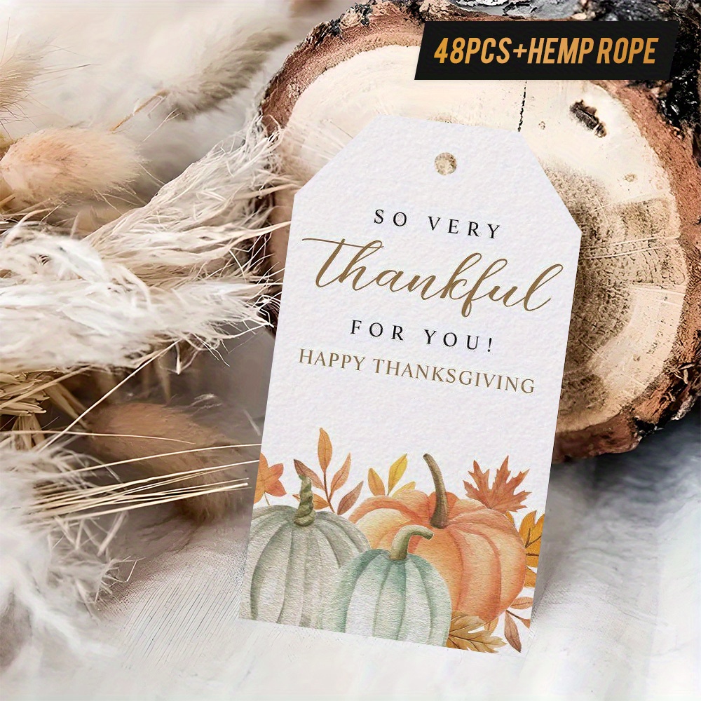 48pcs "Happy Thanksgiving" Gift Tags with Hemp Rope, Displaying Pumpkins and Autumn Leaves, Watercolor Design, Perfect for Thanksgiving Presents, Fall Gatherings, Table Decor, etc., Expressing Gratefulness - Image 2