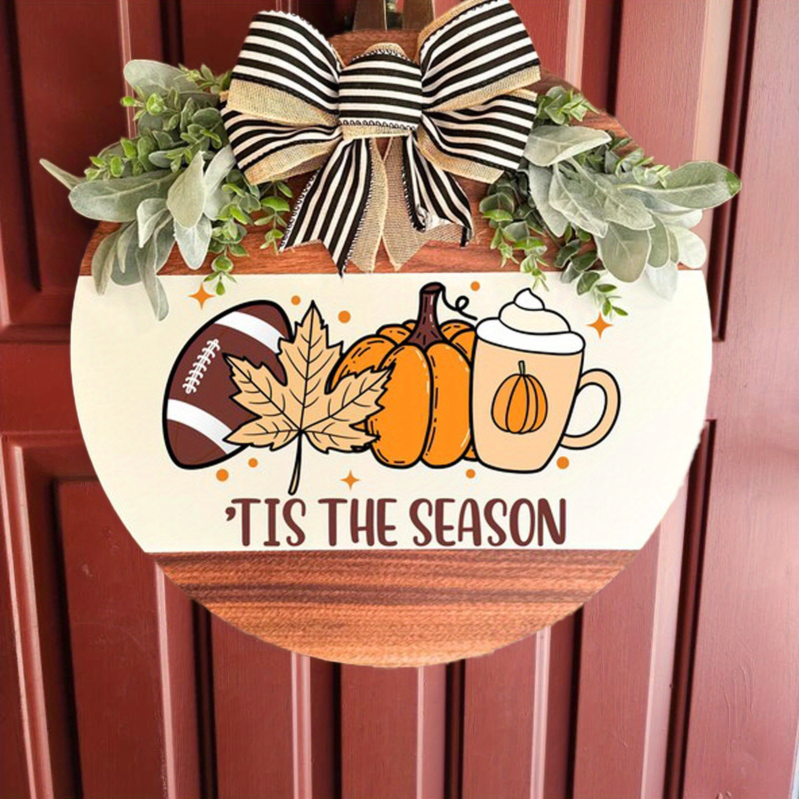 Farmhouse Style Wooden Door Wreath - Rustic Fall & Football Season Decor with "Tis The Season" Lettering, Brown & Golden Leaf Design, Pine Cones & Bow Accent - Easy-Hang Front Door Decoration for Thanksgiving, Halloween, Christmas - Durable Wood Material, Warm Brown Tones, Versatile Indoor/ Use, 2D Flat Design, Irregular Shape, Multi-Purpose Seasonal Decor for Porch or Home Entry, Farmhouse Rustic Decor, Home Decoration - Image 10