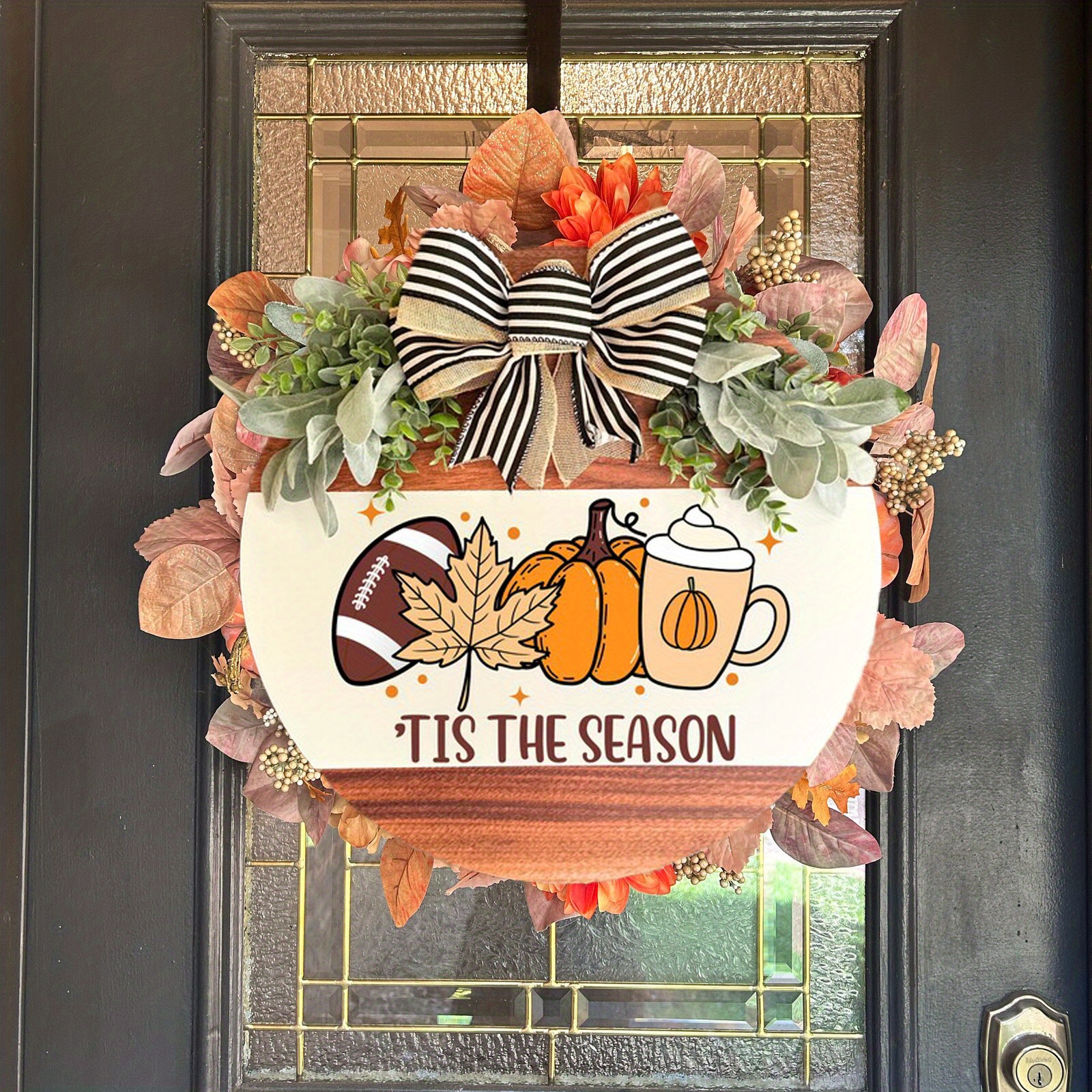 Farmhouse Style Wooden Door Wreath - Rustic Fall & Football Season Decor with "Tis The Season" Lettering, Brown & Golden Leaf Design, Pine Cones & Bow Accent - Easy-Hang Front Door Decoration for Thanksgiving, Halloween, Christmas - Durable Wood Material, Warm Brown Tones, Versatile Indoor/ Use, 2D Flat Design, Irregular Shape, Multi-Purpose Seasonal Decor for Porch or Home Entry, Farmhouse Rustic Decor, Home Decoration - Image 5