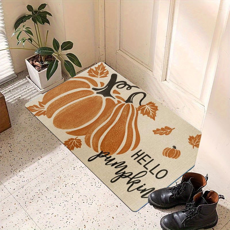 1pc Non-Slip Welcome Mat - Autumn Pumpkin & Leaves Print in Orange/Beige/White - Heavy-Duty PVC Backing for Kitchen, Living Room, Entryway - Easy Clean Floor Mat for Halloween, Thanksgiving, Christmas Decor - Indoor/Outdoor Use - Durable Polyester Surface - Ideal for Home, Cafe, Office, Seasonal Decoration, Festive Design, Comfortable Texture, Holiday Shoppers - Image 9