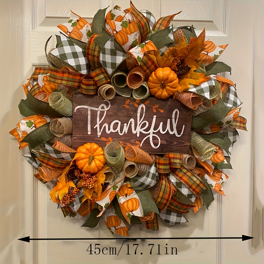 Thanksgiving Wreath with Orange Pumpkins, Green Leaves & "Thank You" Sign - Rustic Farmhouse Door Hanging Decoration, Durable Plastic Harvest Wreath with Checkered Bow & Pine Cones - No Wiring/Electricity-Free, Easy to Clean, Seasonal Fall Home/Office Decor, Autumn Gift Idea - Year-Round Use for Christmas, New Year's, Weddings - Lightweight & Sturdy Design, Autumn Wreath For Front Door, Autumn Door Wreath, Autumn Door Hang, Autumn Decor, Wreath For Front Door, Christmas Wreath For - Image 9