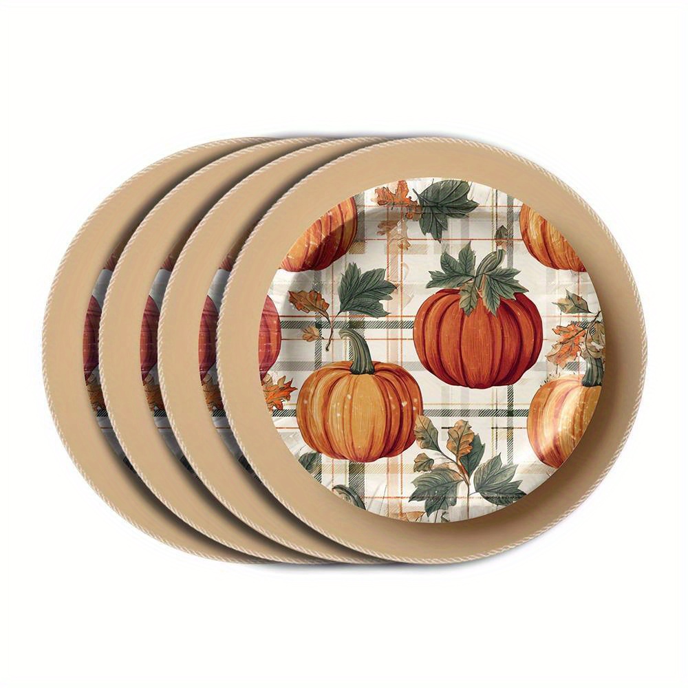 4pcs Thanksgiving Plates - Farmhouse Pumpkin Table Decor with Orange Pumpkins, Durable Polyester Plates for Autumn Dinner Party, Harvest Table Setting - Indoor/Outdoor Use, Fits standard place settings (Hand Wash Only) - Thanksgiving Dinner Party Decorations, Thanksgiving Table Setting, Plaid Pattern Plate, Sturdy Dinnerware - Image 4