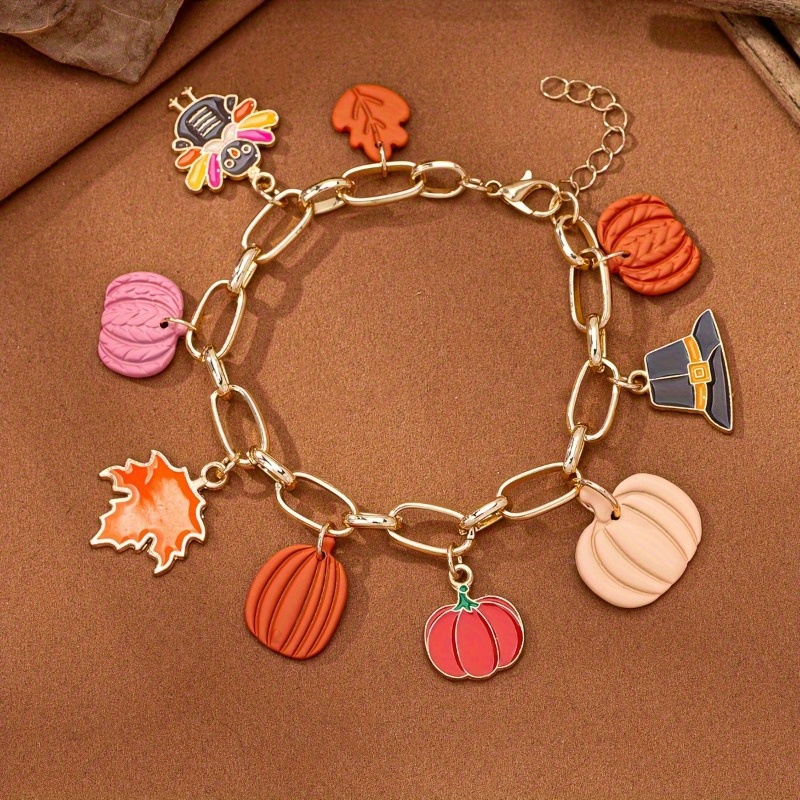 1pc Autumn Harvest Bracelet with Pumpkin, Turkey, Maple Leaf Charms - Golden-Tone Chain Jewelry in Orange, Red, Brown, Beige, Black - Thanksgiving Party, Everyday Fall Jewelry Gift for Women - Year-Round Elegant Accessory, Seasonal Fashion, Bohemian Style, Detailed Pendants, Holiday Pendant, Party Wear - Image 2
