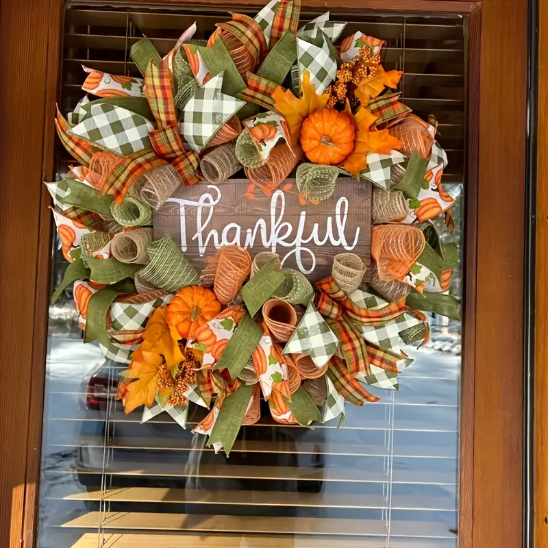 Thanksgiving Wreath with Orange Pumpkins, Green Leaves & "Thank You" Sign - Rustic Farmhouse Door Hanging Decoration, Durable Plastic Harvest Wreath with Checkered Bow & Pine Cones - No Wiring/Electricity-Free, Easy to Clean, Seasonal Fall Home/Office Decor, Autumn Gift Idea - Year-Round Use for Christmas, New Year's, Weddings - Lightweight & Sturdy Design, Autumn Wreath For Front Door, Autumn Door Wreath, Autumn Door Hang, Autumn Decor, Wreath For Front Door, Christmas Wreath For