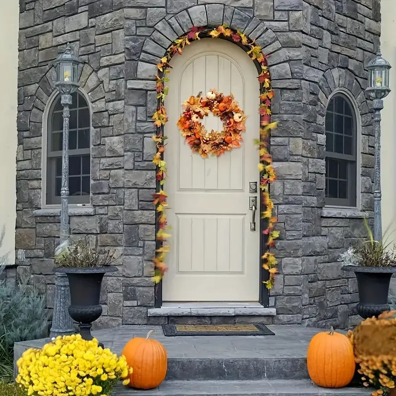 20inch Autumn Harvest Wreath- Thanksgiving and Halloween Decoration with Pumpkins, Berries, Maple Leaves and Pine Cones- Artificial Farmhouse Front Door Decoration for Indoor/Outdoor Use, Thanksgiving Decor, Rustic Farmhouse Style, Festive Fall Wreath, Weatherresistant Wreath, Lightweight Decoration, Pumpkin Wreath, Fall Wreath, Autumn Enthusiasts - Image 2