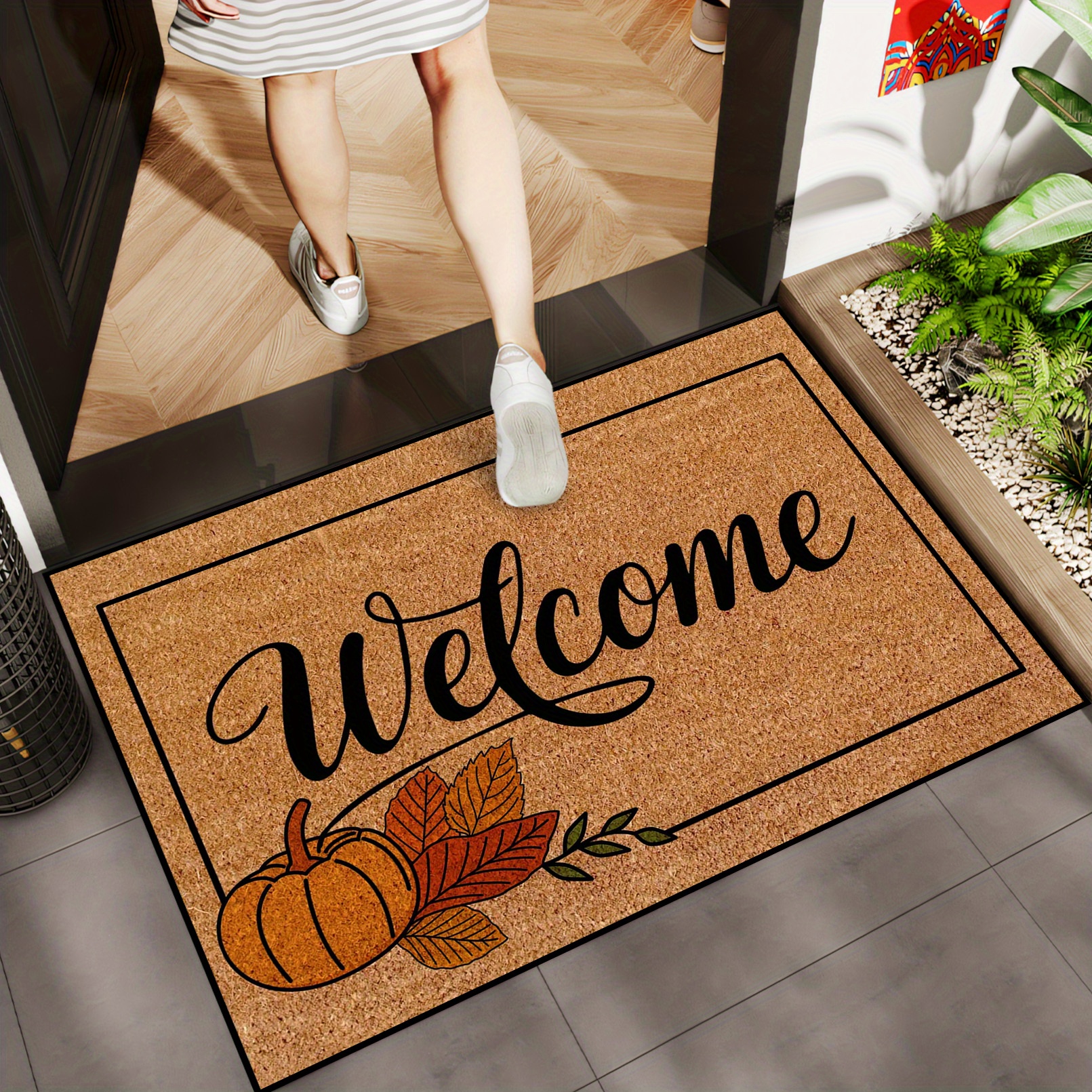 1pc Autumn Harvest Welcome Mat - Non-Slip, Machine Washable Doormat with Pumpkin & Leaf Design, Perfect for Kitchen, Dining Room, Hallway, Bathroom, Bedroom, Parties, and Garden Decor, Fall Decorations for Home - Image 2