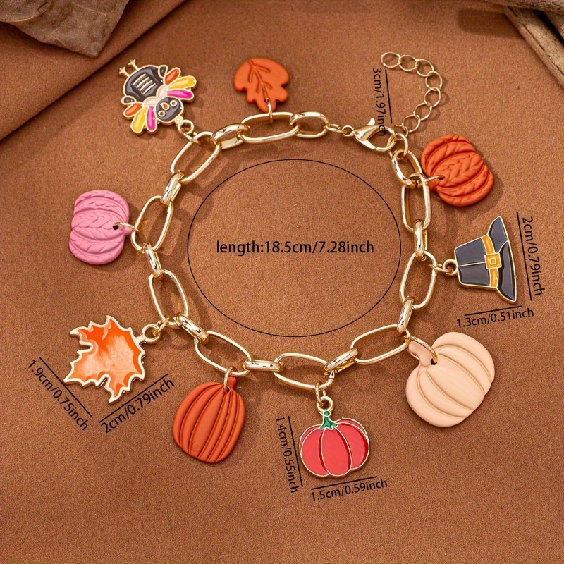 1pc Autumn Harvest Bracelet with Pumpkin, Turkey, Maple Leaf Charms - Golden-Tone Chain Jewelry in Orange, Red, Brown, Beige, Black - Thanksgiving Party, Everyday Fall Jewelry Gift for Women - Year-Round Elegant Accessory, Seasonal Fashion, Bohemian Style, Detailed Pendants, Holiday Pendant, Party Wear - Image 4