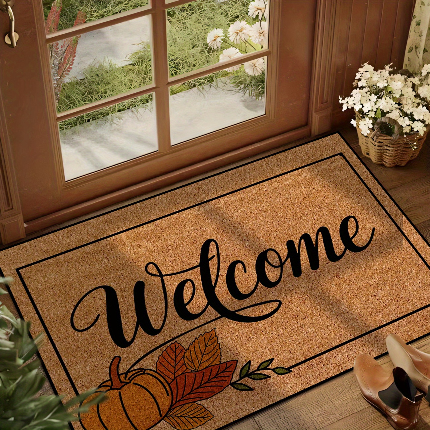 1pc Autumn Harvest Welcome Mat - Non-Slip, Machine Washable Doormat with Pumpkin & Leaf Design, Perfect for Kitchen, Dining Room, Hallway, Bathroom, Bedroom, Parties, and Garden Decor, Fall Decorations for Home