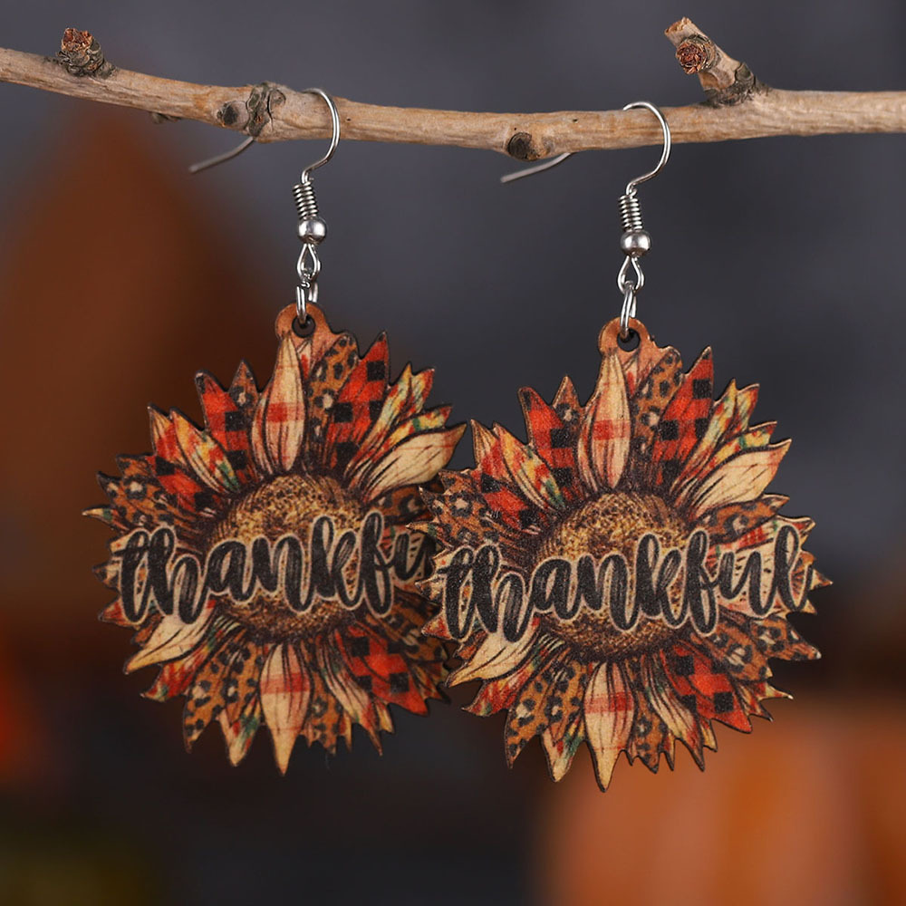 9 Pairs, Vintage Thanksgiving Earrings Set for Women - Pumpkin Coffee Leopard Maple Sunflower Thankful Wooden Double-sided Dangle Earrings - Autumn-Inspired Accessory for Rustic Fall Harvest Celebration, Thanksgiving Party & Daily Wear, Ideal Gift - Image 8