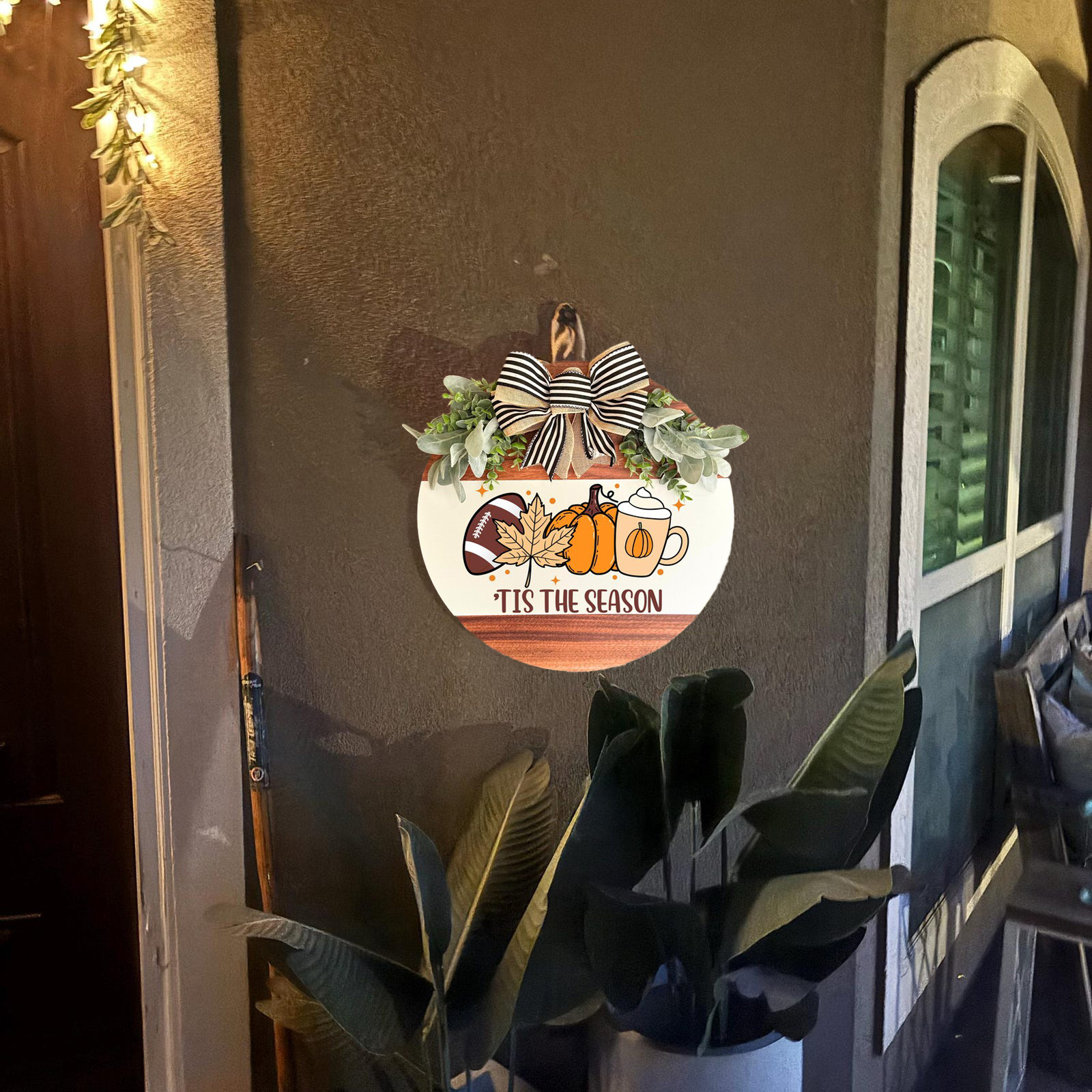 Farmhouse Style Wooden Door Wreath - Rustic Fall & Football Season Decor with "Tis The Season" Lettering, Brown & Golden Leaf Design, Pine Cones & Bow Accent - Easy-Hang Front Door Decoration for Thanksgiving, Halloween, Christmas - Durable Wood Material, Warm Brown Tones, Versatile Indoor/ Use, 2D Flat Design, Irregular Shape, Multi-Purpose Seasonal Decor for Porch or Home Entry, Farmhouse Rustic Decor, Home Decoration - Image 7