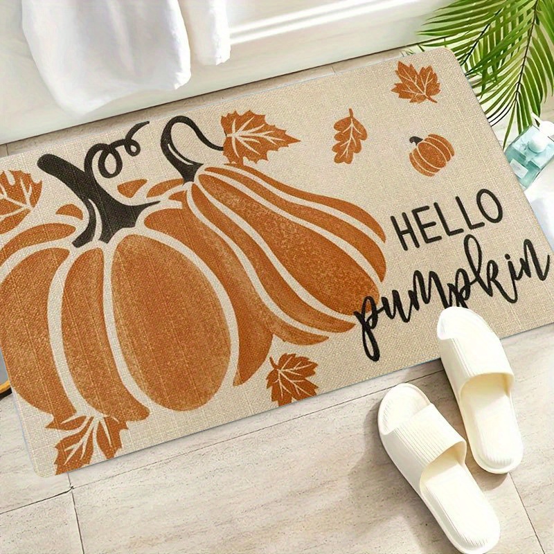 1pc Non-Slip Welcome Mat - Autumn Pumpkin & Leaves Print in Orange/Beige/White - Heavy-Duty PVC Backing for Kitchen, Living Room, Entryway - Easy Clean Floor Mat for Halloween, Thanksgiving, Christmas Decor - Indoor/Outdoor Use - Durable Polyester Surface - Ideal for Home, Cafe, Office, Seasonal Decoration, Festive Design, Comfortable Texture, Holiday Shoppers - Image 4