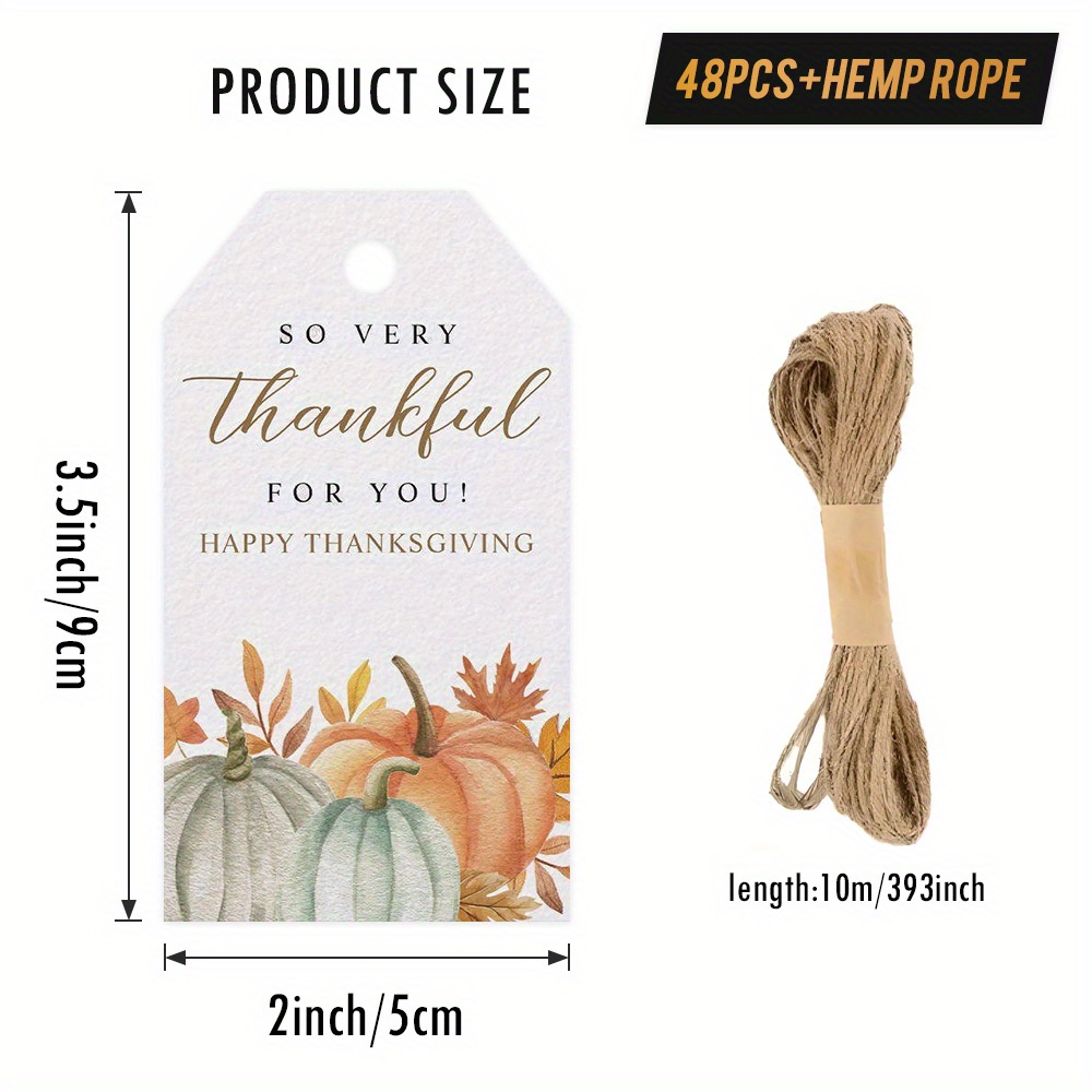48pcs "Happy Thanksgiving" Gift Tags with Hemp Rope, Displaying Pumpkins and Autumn Leaves, Watercolor Design, Perfect for Thanksgiving Presents, Fall Gatherings, Table Decor, etc., Expressing Gratefulness - Image 4