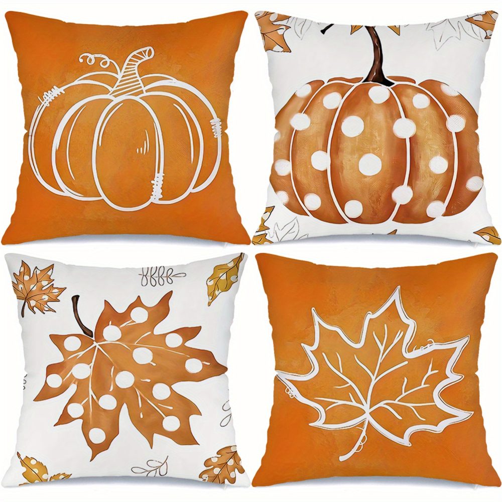 4pcs Polka Dot Orange & White Pumpkin Throw Pillow Covers Maple Leaves Fall Farmhouse Thanksgiving Day Decorative Cushion Case for Bedroom Sofa Couch - Image 2