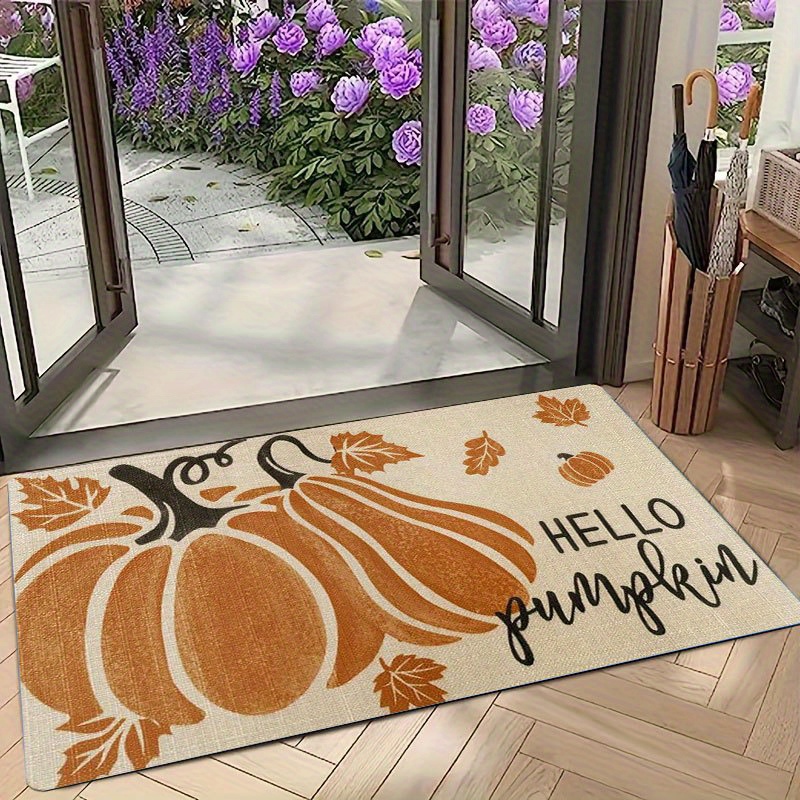 1pc Non-Slip Welcome Mat - Autumn Pumpkin & Leaves Print in Orange/Beige/White - Heavy-Duty PVC Backing for Kitchen, Living Room, Entryway - Easy Clean Floor Mat for Halloween, Thanksgiving, Christmas Decor - Indoor/Outdoor Use - Durable Polyester Surface - Ideal for Home, Cafe, Office, Seasonal Decoration, Festive Design, Comfortable Texture, Holiday Shoppers - Image 2