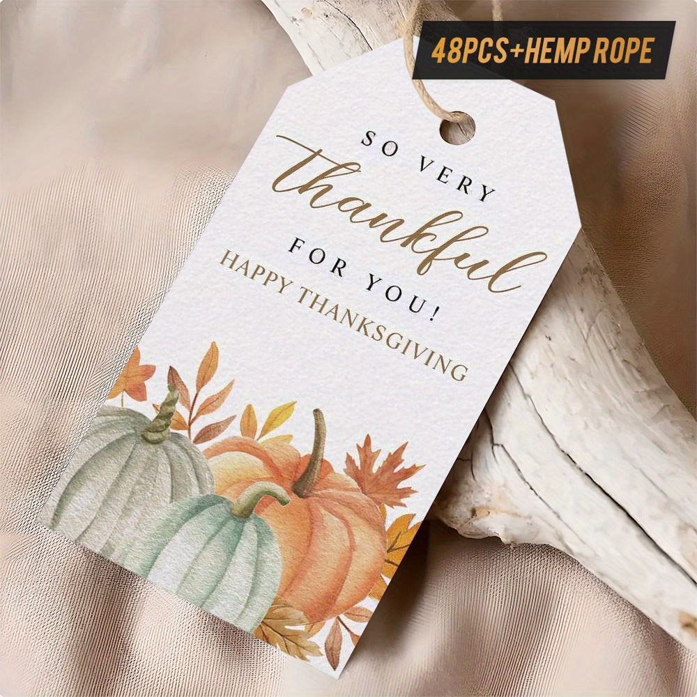 48pcs "Happy Thanksgiving" Gift Tags with Hemp Rope, Displaying Pumpkins and Autumn Leaves, Watercolor Design, Perfect for Thanksgiving Presents, Fall Gatherings, Table Decor, etc., Expressing Gratefulness - Image 3