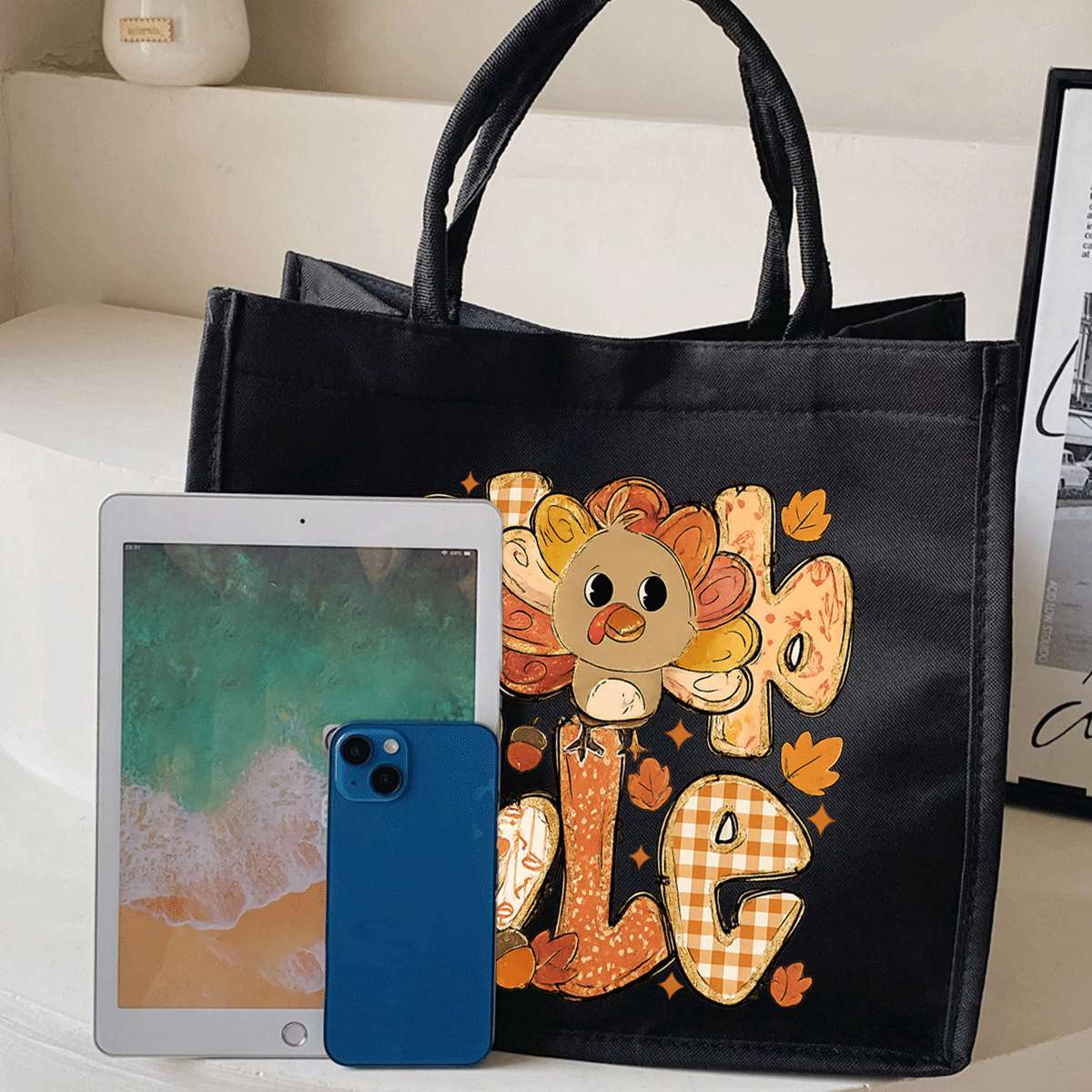 Women's Thanksgiving Turkey Tote Bag - Cute Turkey & Pumpkin Patch Design with "Thankful" Lettering, Lightweight Foldable Purse for, Work, Fall Events, ic Closure, Gift for Teachers, Students (Black, Golden/Brown Checkered - Image 7