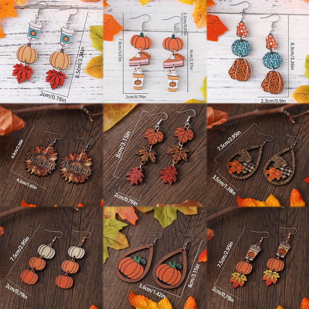 9 Pairs, Vintage Thanksgiving Earrings Set for Women - Pumpkin Coffee Leopard Maple Sunflower Thankful Wooden Double-sided Dangle Earrings - Autumn-Inspired Accessory for Rustic Fall Harvest Celebration, Thanksgiving Party & Daily Wear, Ideal Gift - Image 5