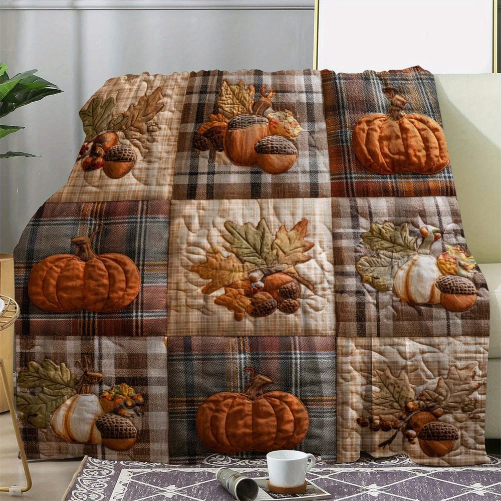 1 Flannel Blanket, Autumn Patchwork Plaid with 2D Printed Pumpkin and Acorn Designs, Warm Comfortable Soft Throw for Sofa Bed Couch Car Office Camping Travel Gift All-Season Use