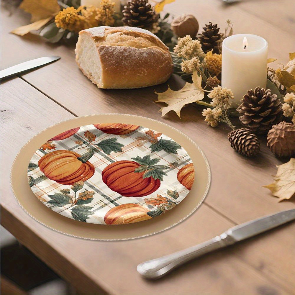4pcs Thanksgiving Plates - Farmhouse Pumpkin Table Decor with Orange Pumpkins, Durable Polyester Plates for Autumn Dinner Party, Harvest Table Setting - Indoor/Outdoor Use, Fits standard place settings (Hand Wash Only) - Thanksgiving Dinner Party Decorations, Thanksgiving Table Setting, Plaid Pattern Plate, Sturdy Dinnerware