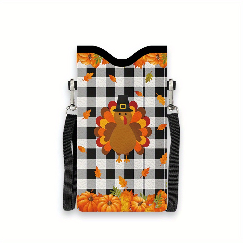 1pc Women's & Unisex Autumn Harvest Crossbody Bag - Turkey & Pumpkin Print Synthetic Leather Purse with Adjustable Strap, Black/White Checkered & Fall Foliage Design, Golden-Toned Leaf Pattern - Thanksgiving Gift, Casual Handbag (Polyester Lining, 2D - Image 6