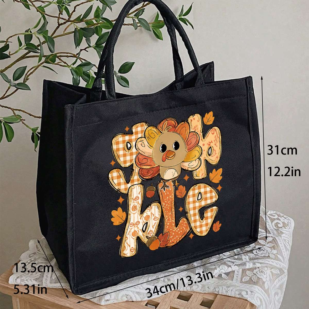 Women's Thanksgiving Turkey Tote Bag - Cute Turkey & Pumpkin Patch Design with "Thankful" Lettering, Lightweight Foldable Purse for, Work, Fall Events, ic Closure, Gift for Teachers, Students (Black, Golden/Brown Checkered - Image 3