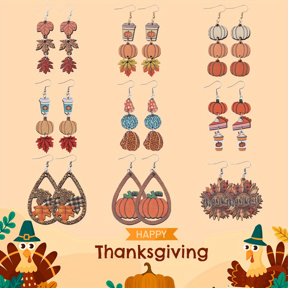 9 Pairs, Vintage Thanksgiving Earrings Set for Women - Pumpkin Coffee Leopard Maple Sunflower Thankful Wooden Double-sided Dangle Earrings - Autumn-Inspired Accessory for Rustic Fall Harvest Celebration, Thanksgiving Party & Daily Wear, Ideal Gift - Image 3