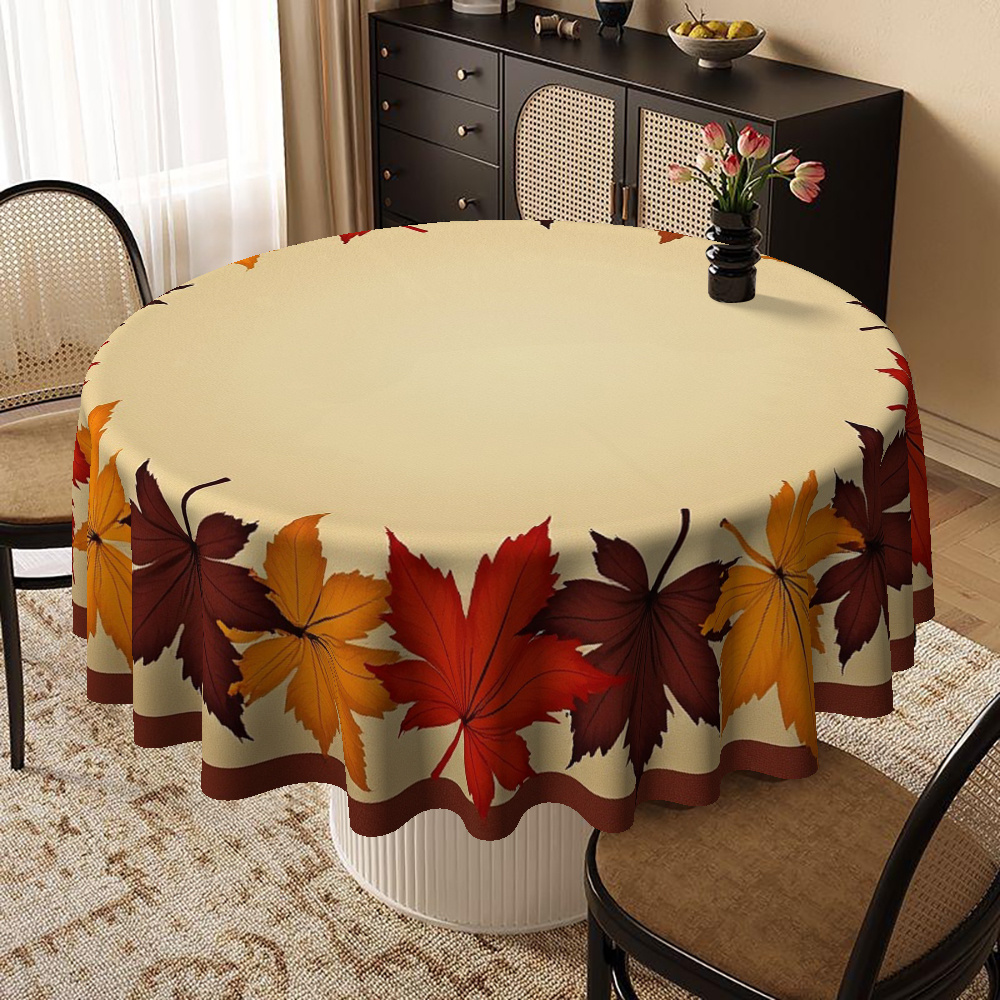 Elegant Autumn Leaf Print Round Tablecloth - Warm Brown, Orange, Red, Beige & Fall Colors, Durable Fabric for Thanksgiving, Christmas, Dining Room, Kitchen, Coffee Table Decor - Wrinkle-Resistant & Easy-Clean Seasonal Table Setting with Charming Leaf Design in Warm Hues, Ideal for Family Gatherings & Festive Home Decor, Machine-Made Round Tablecloth for All Use, Christmas Decor - Image 7