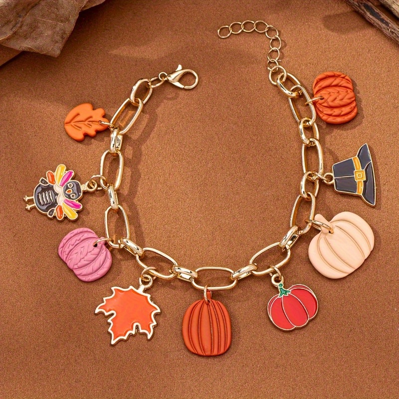 1pc Autumn Harvest Bracelet with Pumpkin, Turkey, Maple Leaf Charms - Golden-Tone Chain Jewelry in Orange, Red, Brown, Beige, Black - Thanksgiving Party, Everyday Fall Jewelry Gift for Women - Year-Round Elegant Accessory, Seasonal Fashion, Bohemian Style, Detailed Pendants, Holiday Pendant, Party Wear