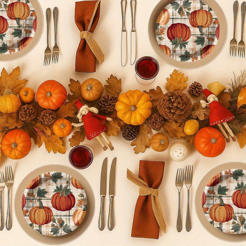 4pcs Thanksgiving Plates - Farmhouse Pumpkin Table Decor with Orange Pumpkins, Durable Polyester Plates for Autumn Dinner Party, Harvest Table Setting - Indoor/Outdoor Use, Fits standard place settings (Hand Wash Only) - Thanksgiving Dinner Party Decorations, Thanksgiving Table Setting, Plaid Pattern Plate, Sturdy Dinnerware - Image 5