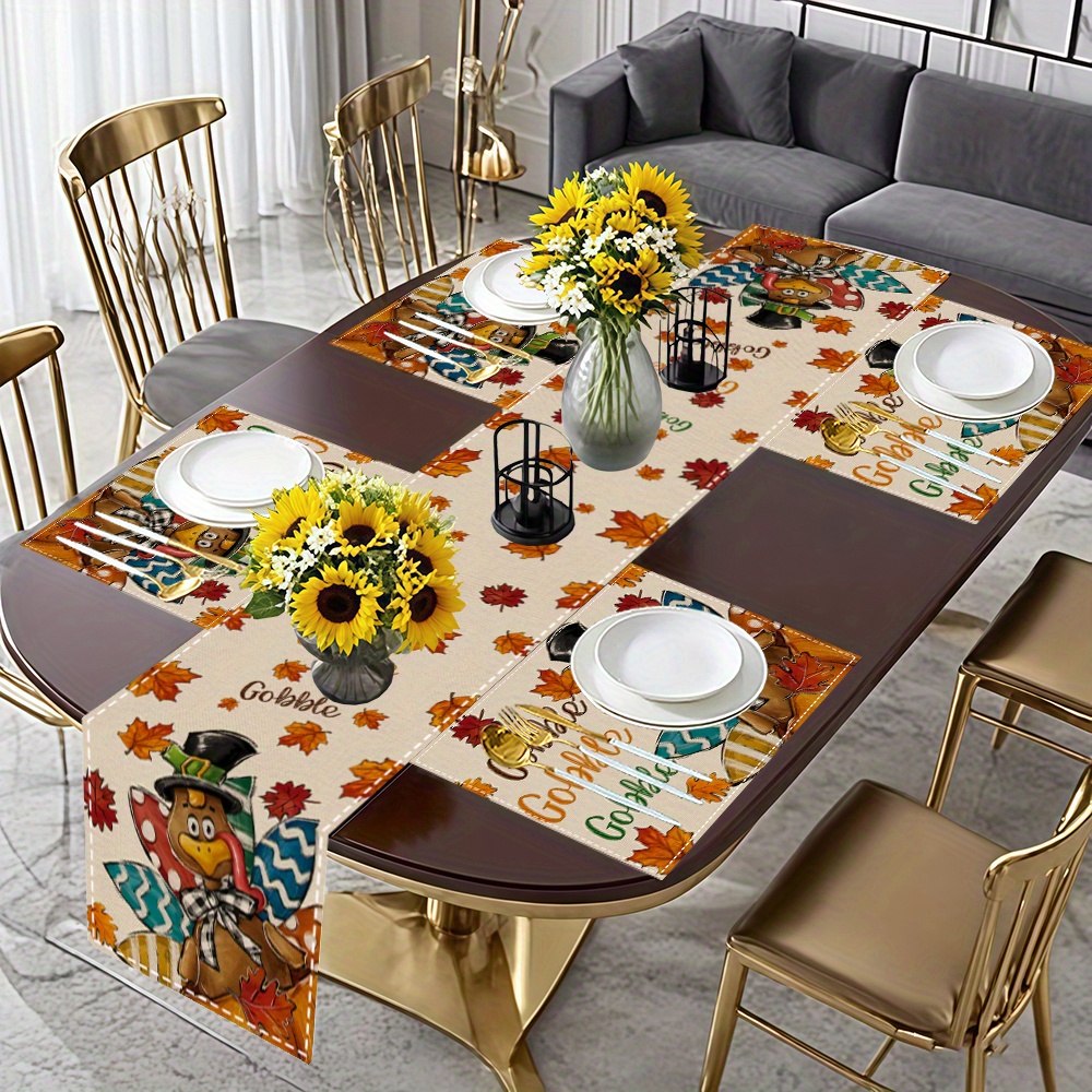 1pc/4pcs/5pcs, Thanksgiving Gobble Turkey and Maple Leaf Pattern Linen Placemats with Table Runner, Rectangular, Perfect for Autumn Thanksgiving Harvest Season to Add Warmth at the Dining table. Suitable for Restaurant dining room decoration, kitchen dinnerware décor, home furnishing accessories, family gatherings party supplies, holiday celebrations ornaments, 4-season seasonal coffee tables centerpieces, Holiday Table Setting, Seasonal Home Decor, Rustic Table Runner,1 - Image 3