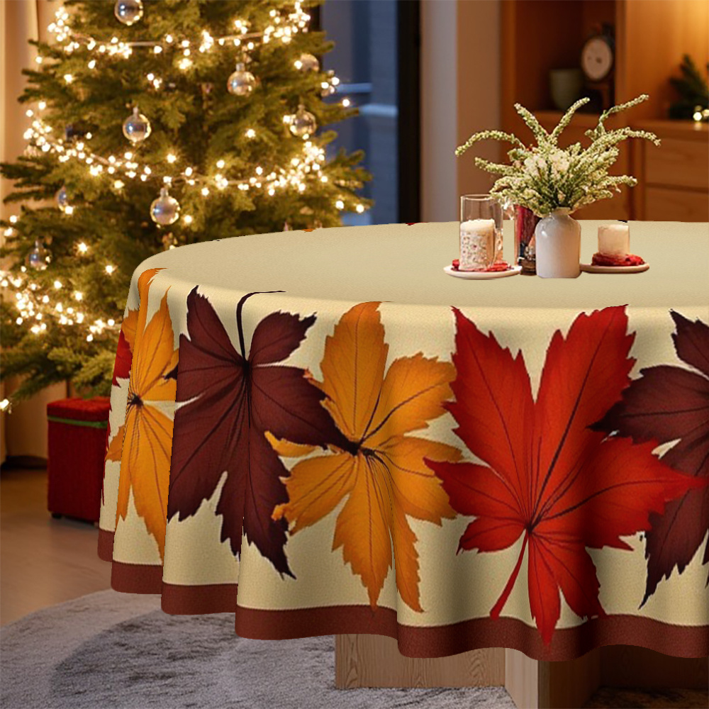Elegant Autumn Leaf Print Round Tablecloth - Warm Brown, Orange, Red, Beige & Fall Colors, Durable Fabric for Thanksgiving, Christmas, Dining Room, Kitchen, Coffee Table Decor - Wrinkle-Resistant & Easy-Clean Seasonal Table Setting with Charming Leaf Design in Warm Hues, Ideal for Family Gatherings & Festive Home Decor, Machine-Made Round Tablecloth for All Use, Christmas Decor