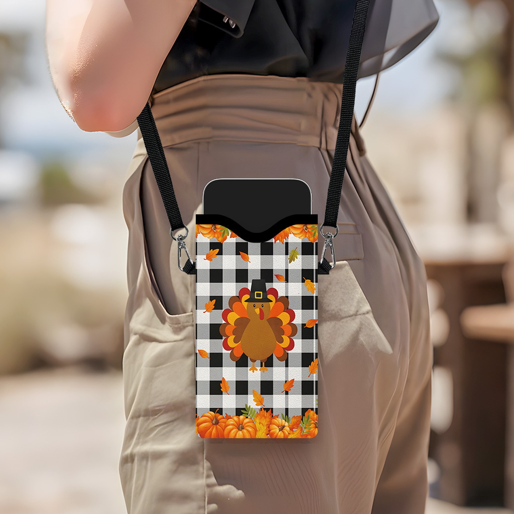 1pc Women's & Unisex Autumn Harvest Crossbody Bag - Turkey & Pumpkin Print Synthetic Leather Purse with Adjustable Strap, Black/White Checkered & Fall Foliage Design, Golden-Toned Leaf Pattern - Thanksgiving Gift, Casual Handbag (Polyester Lining, 2D - Image 5