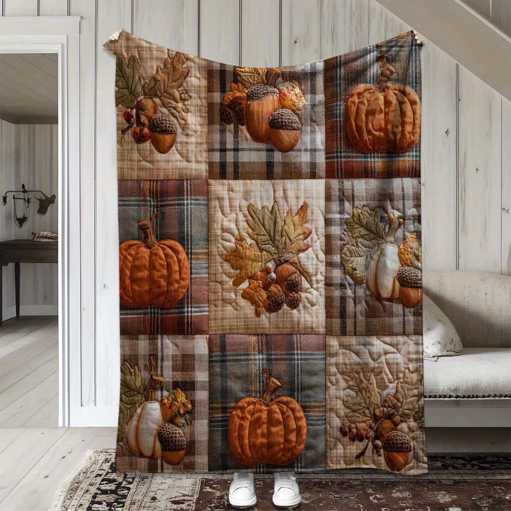 1 Flannel Blanket, Autumn Patchwork Plaid with 2D Printed Pumpkin and Acorn Designs, Warm Comfortable Soft Throw for Sofa Bed Couch Car Office Camping Travel Gift All-Season Use - Image 4