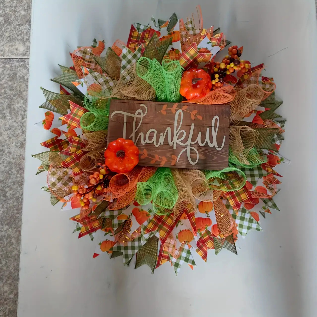 Thanksgiving Wreath with Orange Pumpkins, Green Leaves & "Thank You" Sign - Rustic Farmhouse Door Hanging Decoration, Durable Plastic Harvest Wreath with Checkered Bow & Pine Cones - No Wiring/Electricity-Free, Easy to Clean, Seasonal Fall Home/Office Decor, Autumn Gift Idea - Year-Round Use for Christmas, New Year's, Weddings - Lightweight & Sturdy Design, Autumn Wreath For Front Door, Autumn Door Wreath, Autumn Door Hang, Autumn Decor, Wreath For Front Door, Christmas Wreath For - Image 6