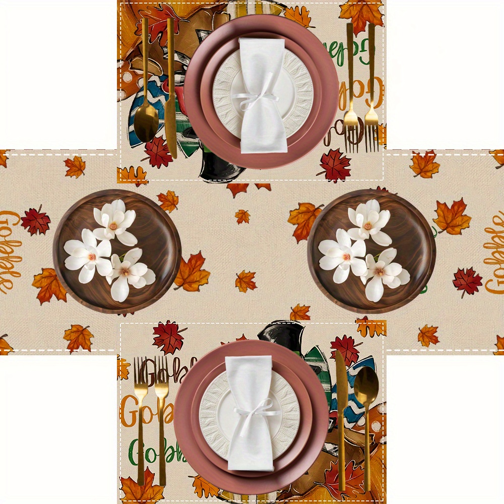 1pc/4pcs/5pcs, Thanksgiving Gobble Turkey and Maple Leaf Pattern Linen Placemats with Table Runner, Rectangular, Perfect for Autumn Thanksgiving Harvest Season to Add Warmth at the Dining table. Suitable for Restaurant dining room decoration, kitchen dinnerware décor, home furnishing accessories, family gatherings party supplies, holiday celebrations ornaments, 4-season seasonal coffee tables centerpieces, Holiday Table Setting, Seasonal Home Decor, Rustic Table Runner,1 - Image 9