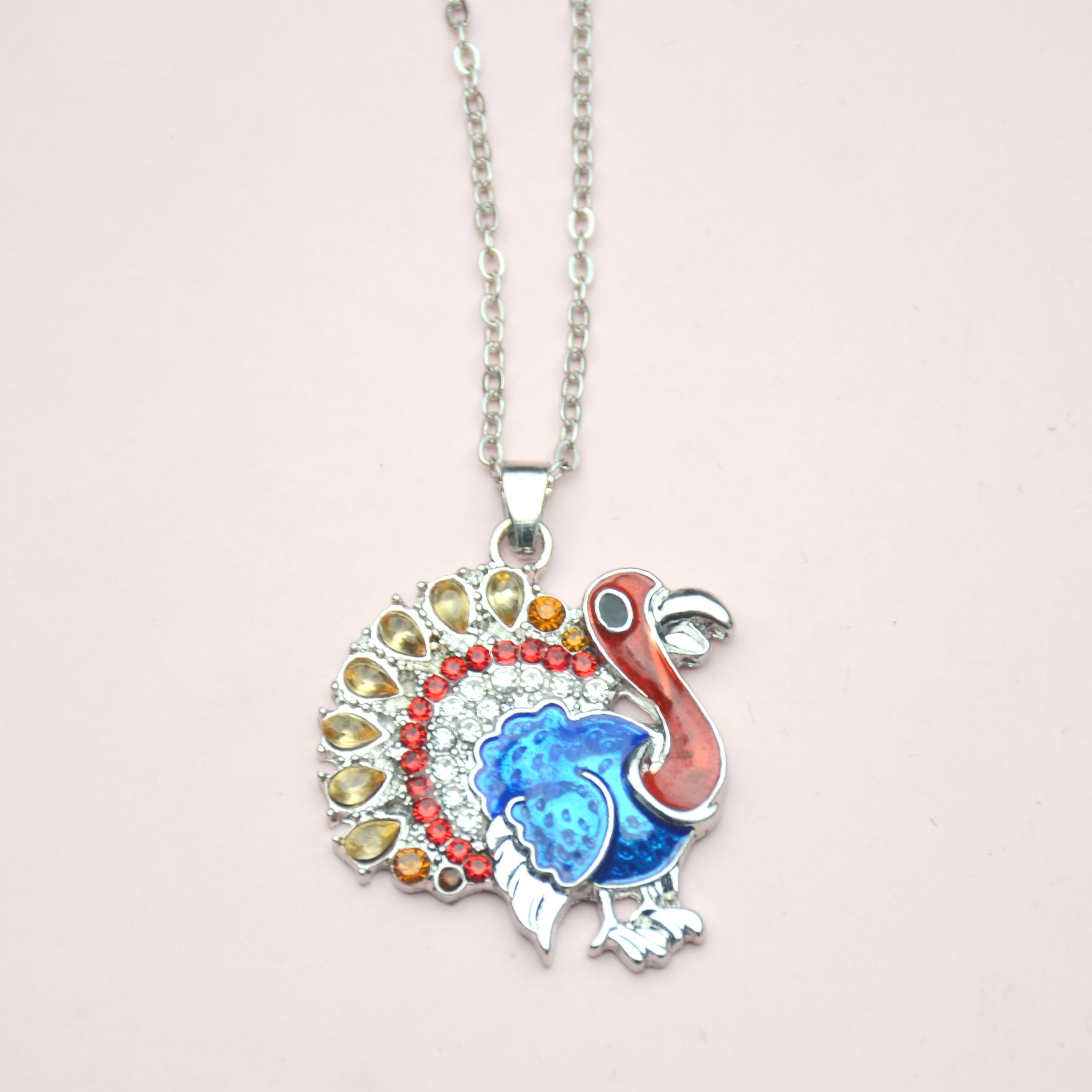 1pc Elegant Turkey Pendant Necklace with Blue & Red Feathers, Golden Eyes & Orange Beak - -Accented White Chain Jewelry for Thanksgiving, Christmas, Halloween, Birthday & Anniversary Gifts - Durable Casual Attire for &, for Teenager - Image 6