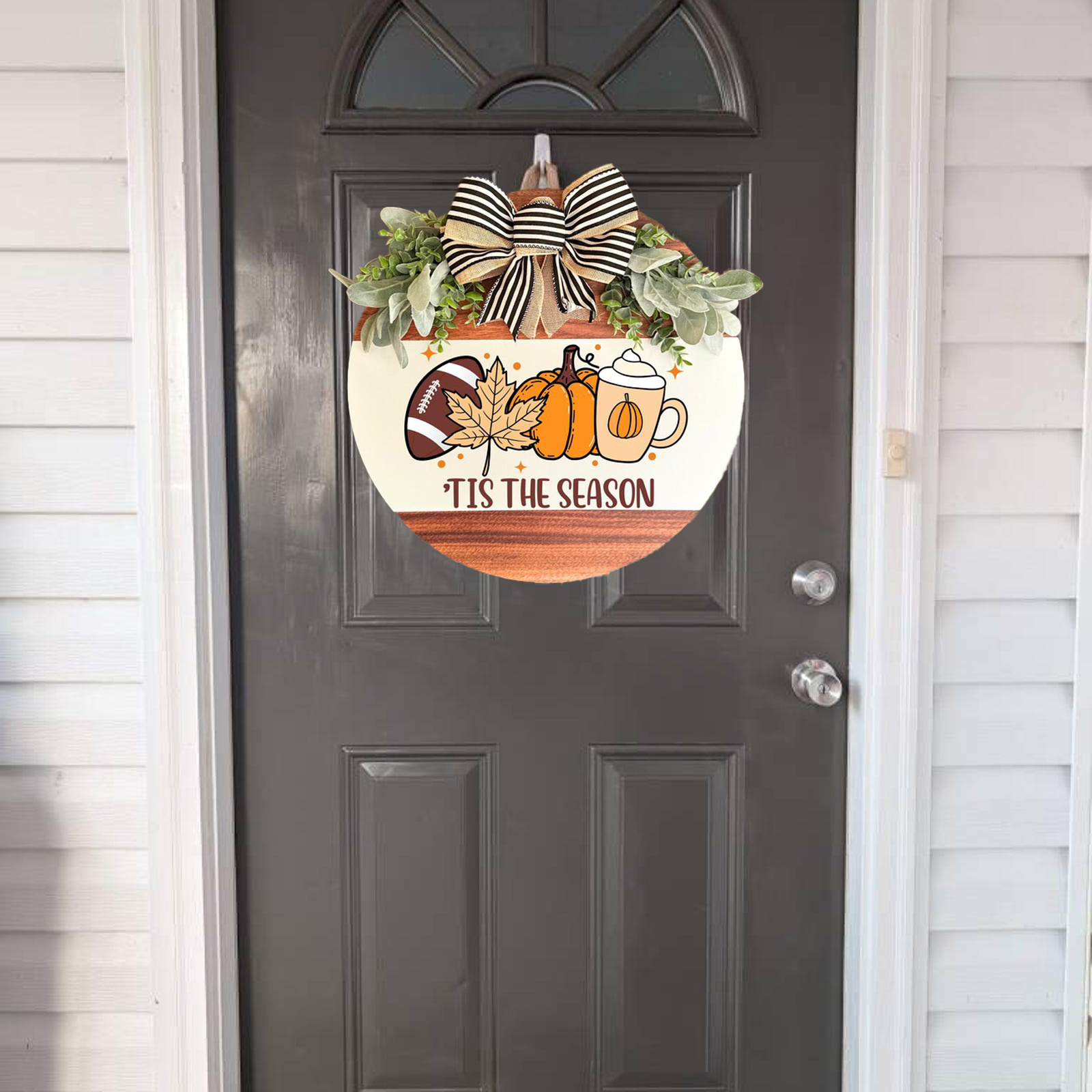 Farmhouse Style Wooden Door Wreath - Rustic Fall & Football Season Decor with "Tis The Season" Lettering, Brown & Golden Leaf Design, Pine Cones & Bow Accent - Easy-Hang Front Door Decoration for Thanksgiving, Halloween, Christmas - Durable Wood Material, Warm Brown Tones, Versatile Indoor/ Use, 2D Flat Design, Irregular Shape, Multi-Purpose Seasonal Decor for Porch or Home Entry, Farmhouse Rustic Decor, Home Decoration - Image 8