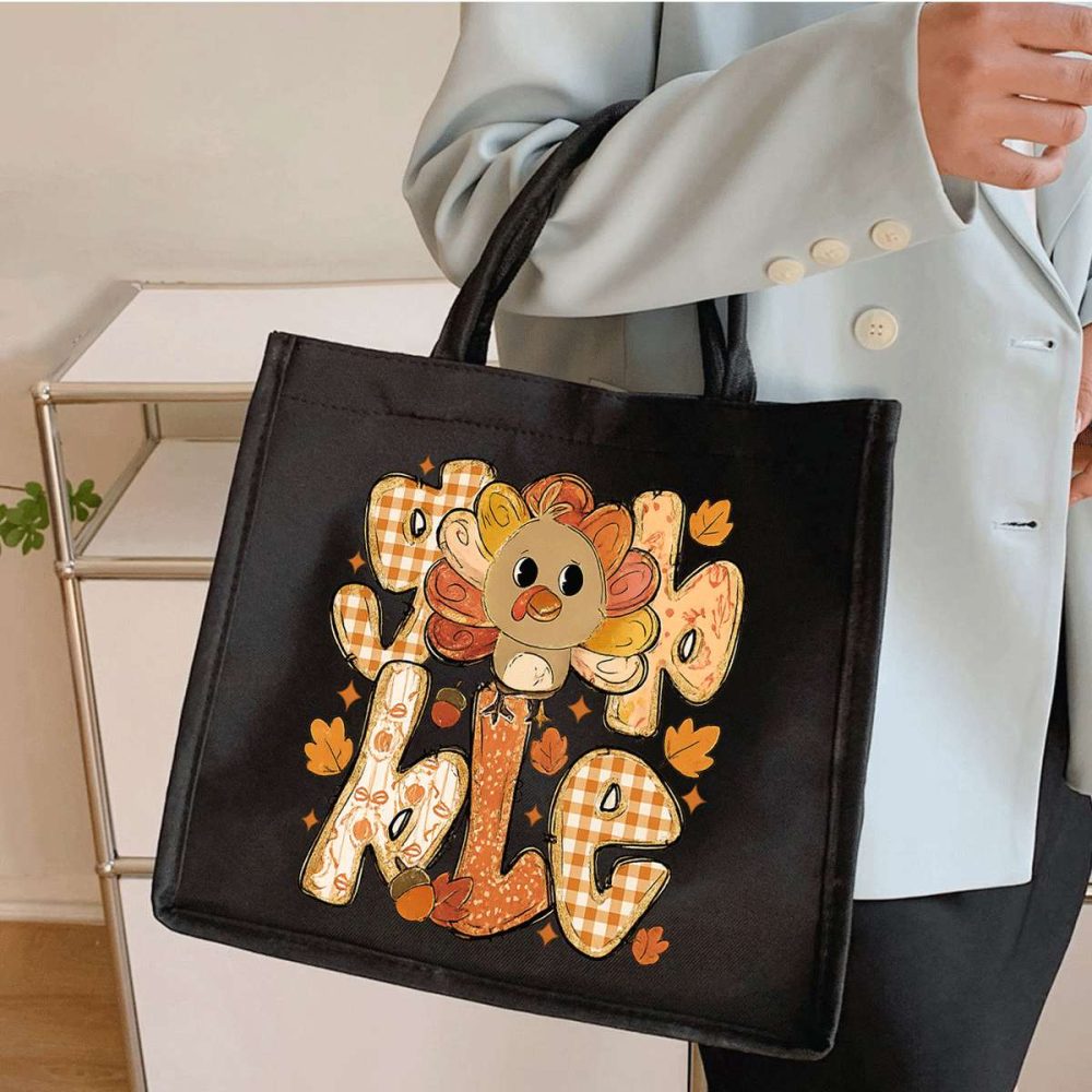 Women's Thanksgiving Turkey Tote Bag - Cute Turkey & Pumpkin Patch Design with "Thankful" Lettering, Lightweight Foldable Purse for, Work, Fall Events, ic Closure, Gift for Teachers, Students (Black, Golden/Brown Checkered - Image 5